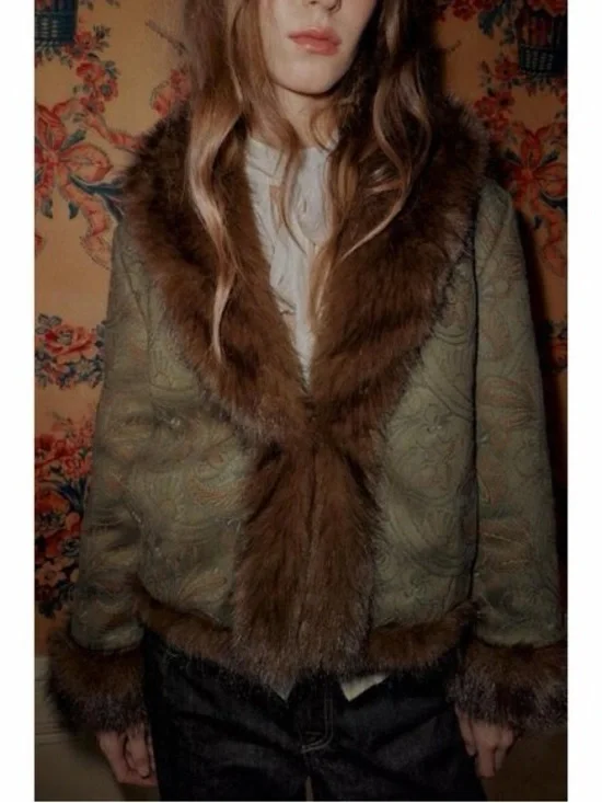 ZARA — Womens Brown Faux Fur-Trim Paisley Jacket - Picture 2 of 6